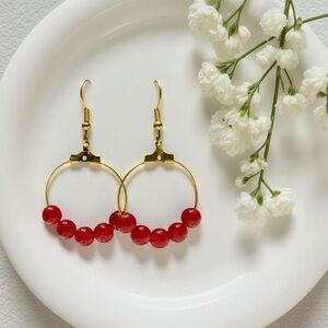 Elegant Handcrafted Gold and Red Beaded Hoop Earrings
